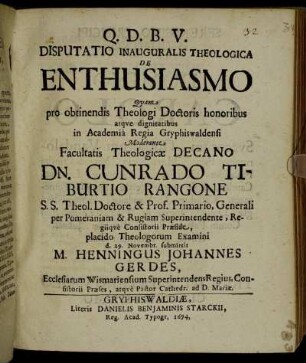 Disputatio Inauguralis Theologica De Enthusiasmo