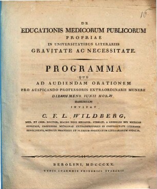 De educationis medicorum publicorum propriae in universitatibus literariis gravitate ac necessitate