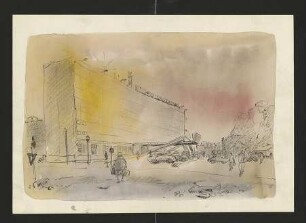 Colorierte Kreidezeichnung von Karl-Heinz Klingbeil: Verlagsgebäude 'Neues Deutschland' (Jahr n.a.)