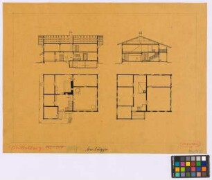 Mittelberg (Kleinwalsertal, [Landkreis Sonthofen]): Hof Moosbrugger. Haupthaus (Längsschnitt, Querschnitt, zwei Grundrisse)