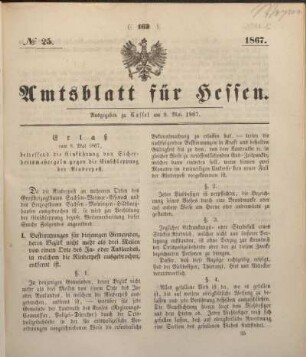 № 25. Ausgegeben zu Cassel am 9. Mai 1867.