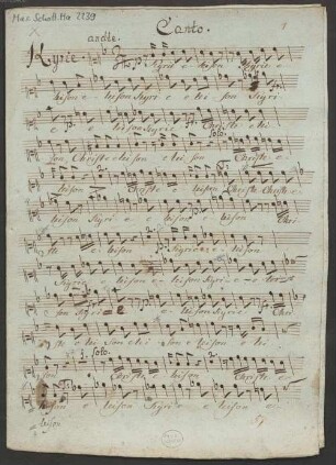 Masses, V (4), Coro, orch, org, F-Dur - BSB Mus.Schott.Ha 2239 : [heading with red chalk, vl 1, f. 1r:] Bühler Missa