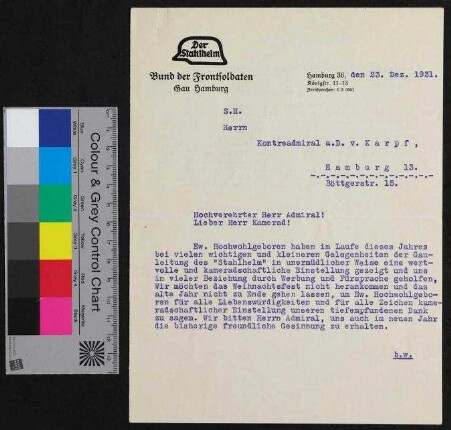 Brief an von Karpf von Major a.D. und Korvettenkapitän a.D.