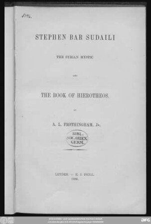 Stephen bar Sudaili, the Syrian Mystic, and the Book of Hierotheos