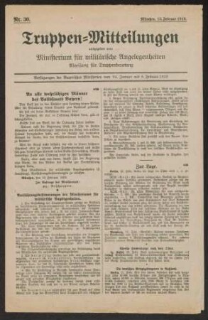 Truppenmitteilungen, ausgegeben vom (Bayerischen) Ministerium für militärische Angelegenheiten