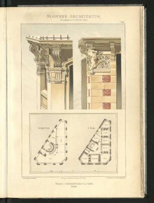 Wohn- und Geschäftshaus in Paris. Detail. Lucien Magne, Architekt. Grundriss Erdgeschoss u. 1. Stock