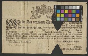 Gesellenbrief der Siegener Schneiderzunft für Johann Henrich Steinseifer, 18. Juni 1797