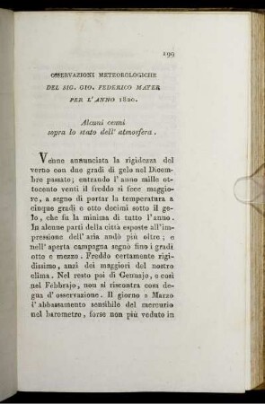 Osservazioni Meteorologiche Del Sig. Gio. Federico Mayer Per L' Anno 1820.