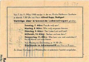 Stimmzettel für die Wahl des evangelischen Kirchengemeinderates Sontheim am 16.11.47, bzw. Werbezettel für eine Vortragsreihe über "brennende Lebensfragen" von Alfred Rupp im März 48