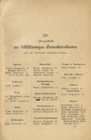 III. Verzeichniß der selbstständigen Gewerbetreibenden