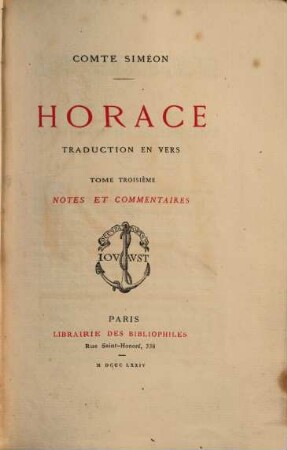 Horace : Comte Siméon. Traduction en vers.. 3