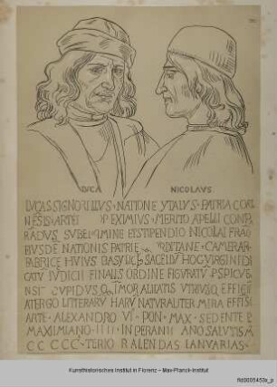 Selbstporträt Signorellis mit Niccolò Franceschi mit Inschrift (nach dem Werk in der Domopera in Orvieto)