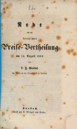 Rede bei der feierlichen Preise-Vertheilung am 14. August 1868