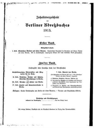 Inhaltsverzeichnis des Berliner Adreßbuches 1915