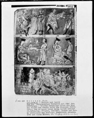 Tristan und Isolde — Dreistreifige Bildseite mit fünf Darstellungen, Folio 86verso