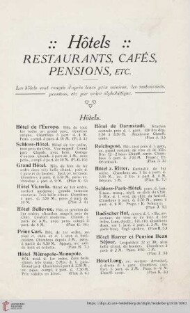 Hôtels, Restaurants, Cafés, Pensions, etc.