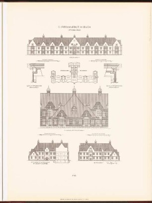Irrenhaus, Berlin-Buch: Grundriss EG, Vorderansicht, Rückansicht, Seitenansichten Offenes Haus (aus: Neubauten der Stadt Berlin, Bd. VII, 1908)