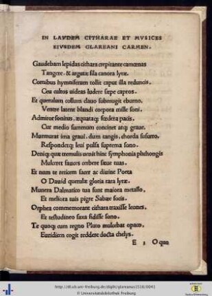 In laudem citharae et musices eiusdem glareani carmen.