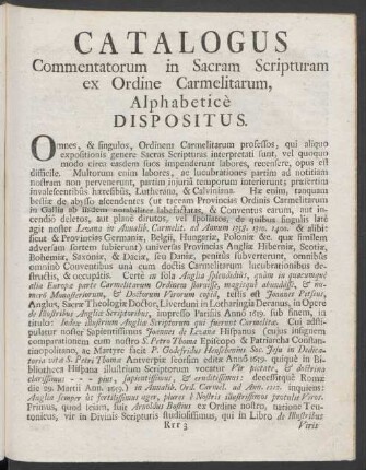 Catalogus Commentatorum in Sacram Scripturam ex Ordine Carmelitarum, Alphabeticè Dispositus