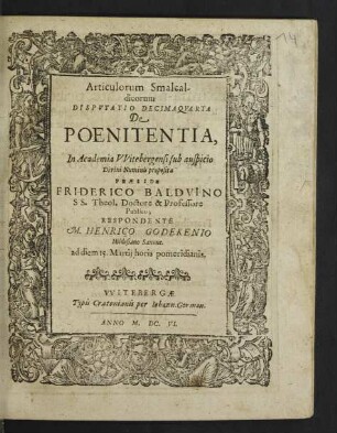 Articulorum Smalcaldicorum Disputatio Decimaquarta De Poenitentia