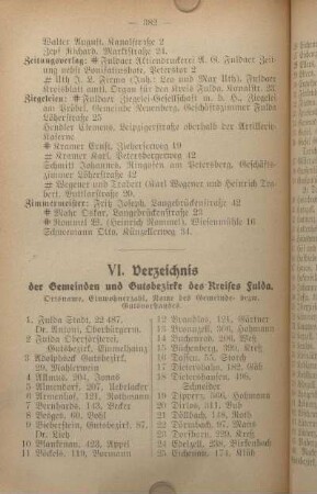 VI. Verzeichnis der Gemeinden und Gutsbezirke des Kreises Fulda