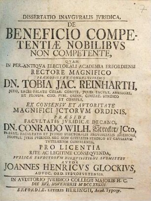 Dissertatio inauguralis iuridica, De beneficio competentiae nobilibus non competente