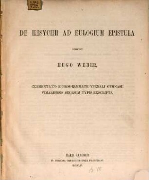 De Hesychii ad Eulogium epistula : Commentatio e programmate vernali Gymnasii Vimariensis seorsum typis exscripta