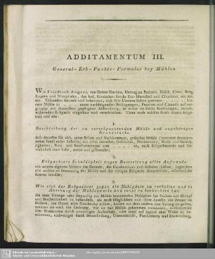 Additamentum III. General-Erb-Pachts-Formular bey Mühlen