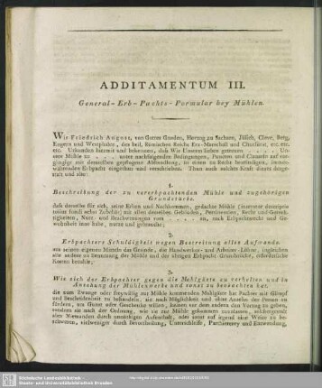 Additamentum III. General-Erb-Pachts-Formular bey Mühlen