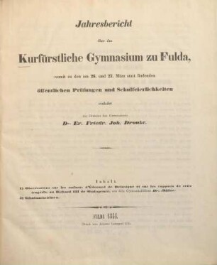 1844: Jahresbericht über das Kurfürstliche Gymnasium zu Fulda