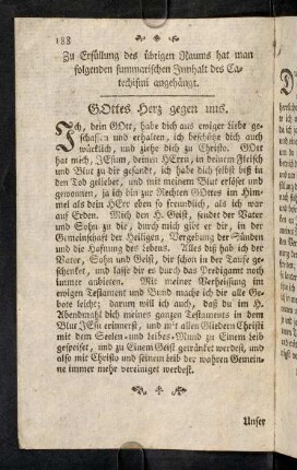 188-189, Zu Erfüllung des übrigen Raums hat man folgenden summarischen Inhalt des Cathechismi angehängt.