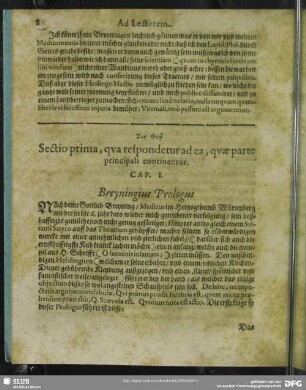 Sectio prima, qua respondetur ad ea, quae parte principali continentur. Cap. I. Breyningius Prologus
