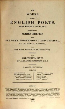 The works of the English poets, from Chaucer to Cowper : in 21 volumes. 20, Rowe's Lucan [u.a.]