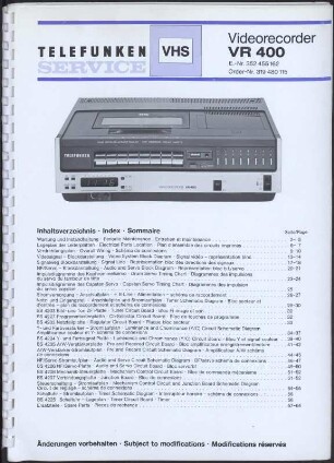 Bedienungsanleitung: Telefunken Service Videorecorder VR 400