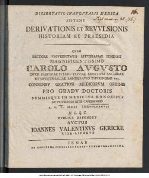 Dissertatio Inavgvralis Medica Sistens Derivationis Et Revvlsionis Historiam Et Praesidia