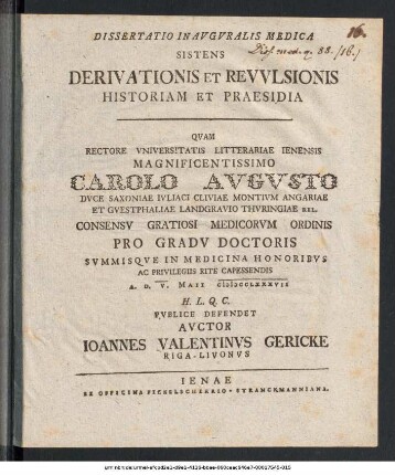 Dissertatio Inavgvralis Medica Sistens Derivationis Et Revvlsionis Historiam Et Praesidia