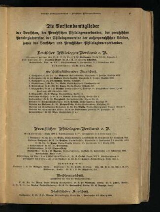 Vorstandsmitglieder des Deutschen, des Preußischen Philologenverbandes, der preußischen Provinzialvereine, der Philologenvereine der außerpreußischen Länder, sowie des Deutschen und Preußischen Philologenverbandes