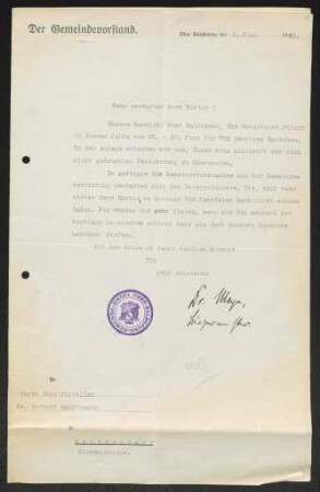 Brief von ... Meyer von Ober Salzbrunn / Bürgermeister an Gerhart Hauptmann
