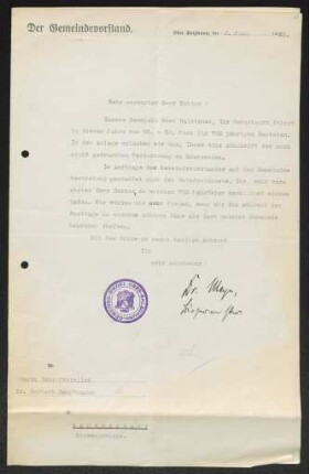Brief von ... Meyer von Ober Salzbrunn / Bürgermeister an Gerhart Hauptmann