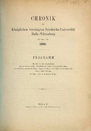 Chronik der Martin-Luther-Universität Halle-Wittenberg in Halle (Saale). 1885