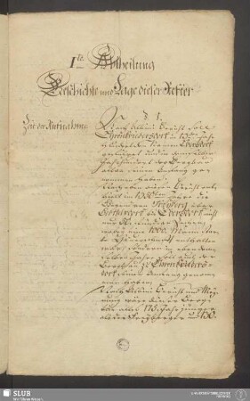 Ite Abtheilung. Geschichte und Lage dieser Refier
