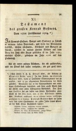 XI. Testament des großen Konrad Geßners, Vom 18ten Herbstmonat 1564