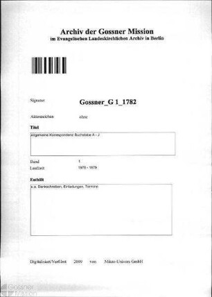 Allgemeine Korrespondenz Buchstabe A - J