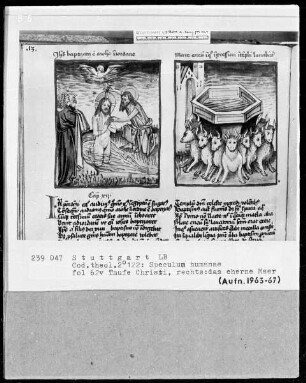 Zwei Schriften — Speculum humanae salvationis — Textseite mit zwei Miniaturen, Folio 62verso
