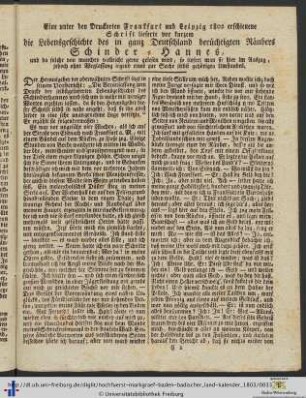 Lebensgeschichte des in ganz Deutschland berüchtigten Räubers Schinder-Hannes.