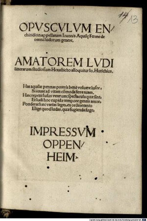 Opvscvlvm Enchiridion appellatum Ioannis Aquile Ferme de omni ludorum genere