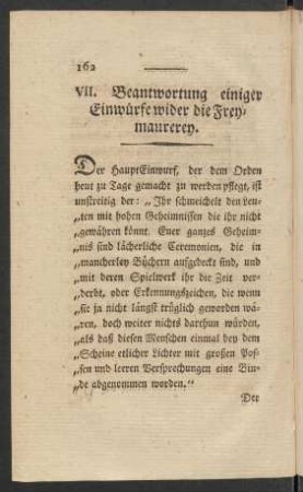VII. Beantwortung einiger Einwürfe wider die Freymaurerey