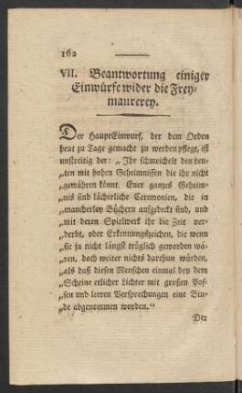 VII. Beantwortung einiger Einwürfe wider die Freymaurerey
