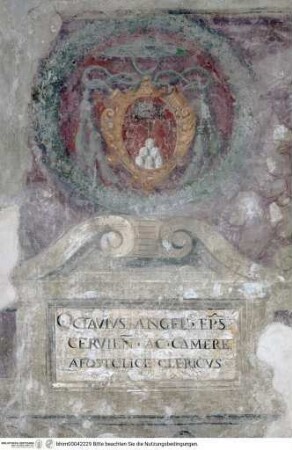 Ruinenlandschaften und Wappen von Mitgliedern der Familie Cesi, Bischofswappen des Massimiliano Ottavio Cesi, Bischof von Cervia