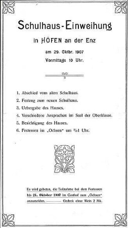 Fischer, Theodor; Höfen; Schule - Programm Schulhaus Einweihung